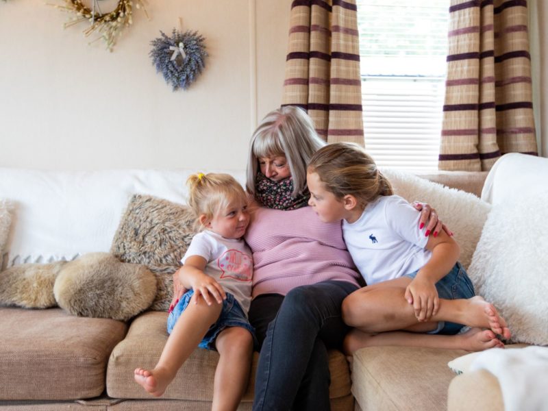 Grandmother and children at caravan park home near Blackpool